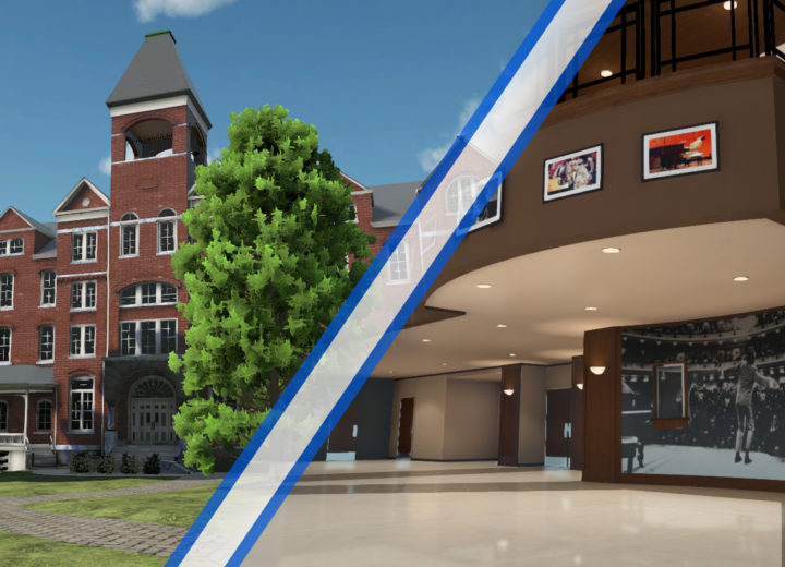 split image graphic of virtual reality metaversity of collage campus building and indoor area