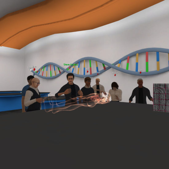 students and teacher in a biology classroom setting shown through virtual reality
