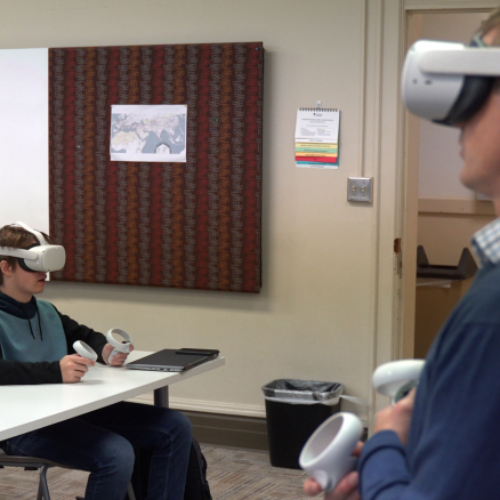 St. Ambrose University students doing a classroom activity in Virtual Reality Meta Quest 2 Headsets